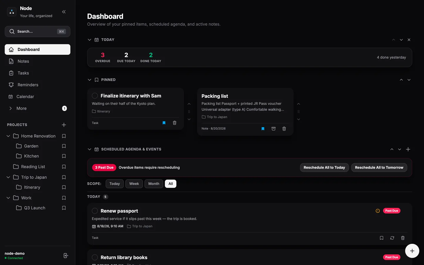 The Node dashboard in dark mode